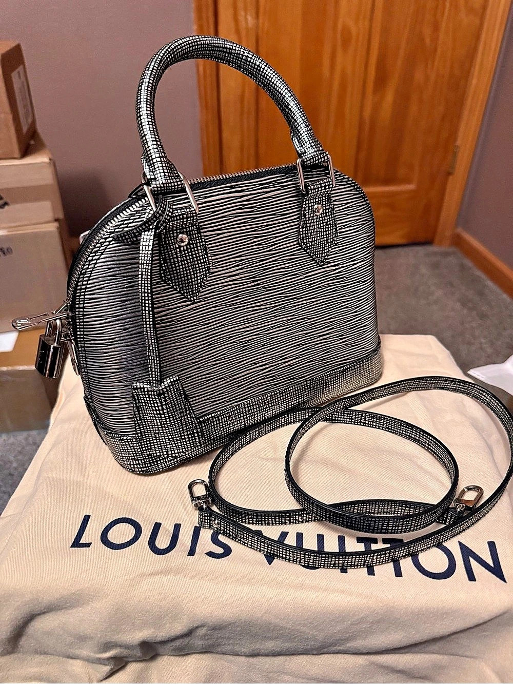 Louis Vuitton Alma BB Metallic Epi Satchel Black & Gray